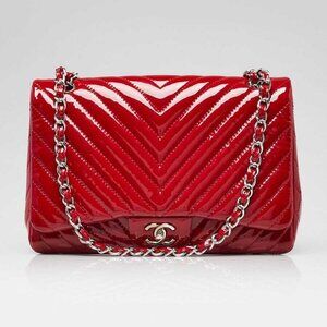 Chanel Red Chevron Quilted Patent Leather Classic Single Jumbo Flap Bag